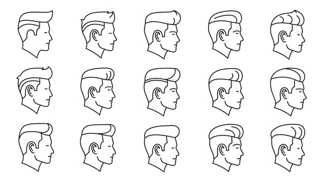 Collection of fifteen distinct male side profile icons showcasing various modern pompadour and slicked back hairstyle variations for barbershops