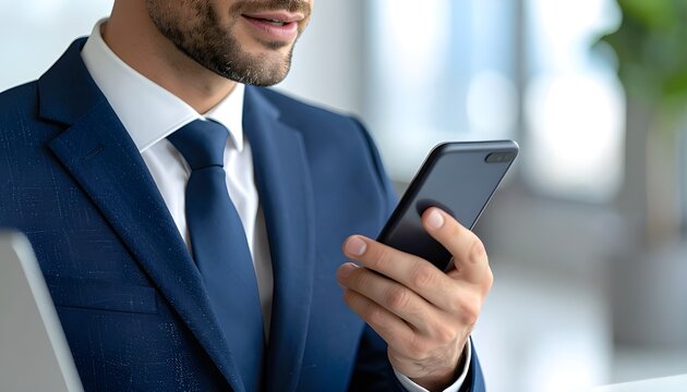 close-up of businessman in suit using smartphone for ai assistant and mobile communication