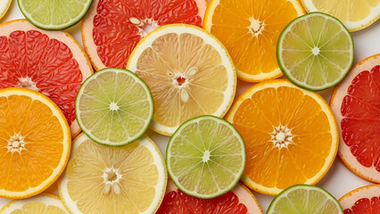 Fototapeta premium Vibrant Citrus Slices A Refreshing Assortment of Oranges, Grapefruits, and Limes as a Healthy Food Background