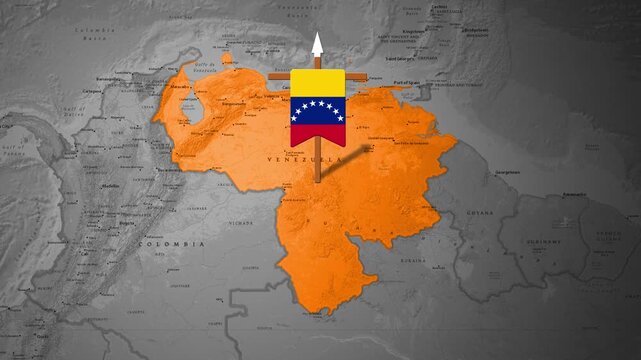 Venezuelan flag marker pinned onto the highlighted nation on a map animation