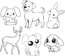 Cute Baby Animals Line Art Set in Kawaii Style