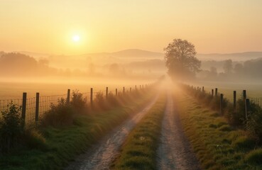 Obraz premium Dirt road passes through misty farm fields at sunrise. Sun low on horizon, casting golden light through fog. Green grass borders path, fence line extends into distance.