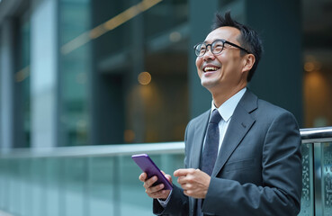 Fototapeta premium Asian businessman with glasses laughs holding smartphone. Man wears suit and tie, looking up happily. Professional works in modern city office environment. Success and positive emotion