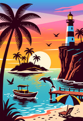 Fototapeta premium Vibrant Tropical Sunset with Lighthouse, Palm Trees, Jumping Dolphin and Beach Scene, Vertical Landscape Vertical Illustration