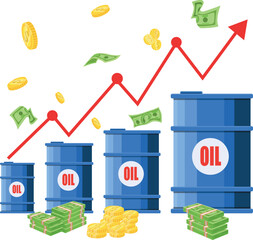 Oil Price Growth Diagram with Fuel Canisters and Money Concept