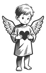 Fototapeta premium Cute Little Boy Angel Holding a Heart, Vintage Black and White Vector Illustration