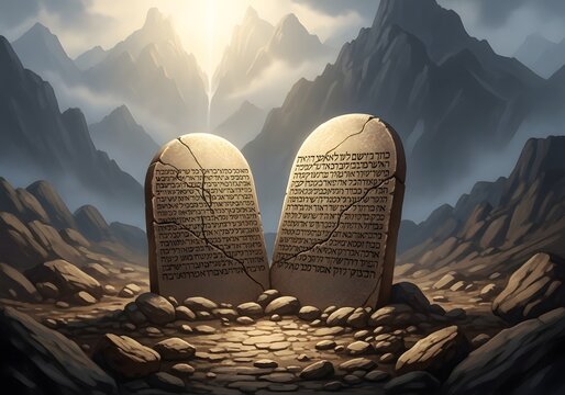 A dramatic illustration of the Ten Commandments in a mountainous landscape