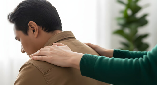PTSD Mental Health, Encouraging Concept. Touching with Comfortable Hand to Helping a Depressed Person feel better. Hugging from behind