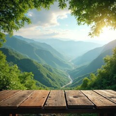 Obraz premium Rustic wooden table foreground overlooks hazy green mountains and river valley below. Sunlight filters through green tree canopy above. Peaceful nature backdrop for outdoor themes.