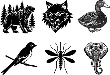 Naklejka premium White graphic animal illustrations isolated on transparent background for design and branding