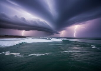 Powerful lightning illuminates stormy ocean waves crashing on a rugged coastline.
