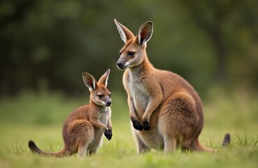 Obraz premium Bennett wallaby mother and baby sit in rich green grass. Small marsupial watches parent in grassy field. Cute joey nearby shows animal family bond in natural habitat.