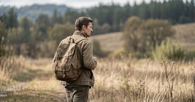 Man with backpack walking through field towards trees