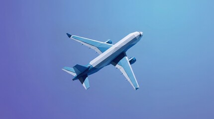 Obraz premium Low Poly Airplane Flying Against Blue Gradient Sky