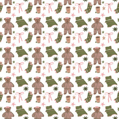 Cute hand drawn seamless pattern with a plush bear in pajamas, cup of tea, socks, bows and cozy bedding elements on a white background. Perfect for kids textiles, pajamas, nursery decor, packaging and