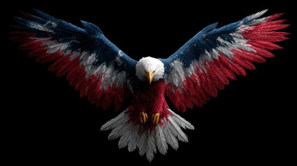A majestic eagle with a striking red, white, and blue plumage soars against a black background. Its wings are fully spread, showcasing its powerful presence.