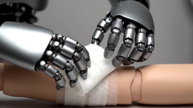 A futuristic robotic arm demonstrates medical proficiency by meticulously wrapping a white gauze bandage around the forearm of a practice mannequin, simulating autonomous first aid application.