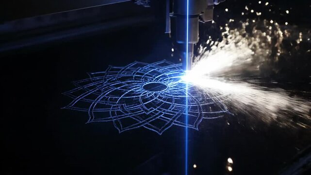 Laser cutting metal with precision, creating intricate pattern with sparks flying. Manufacturing technology for industrial concept.