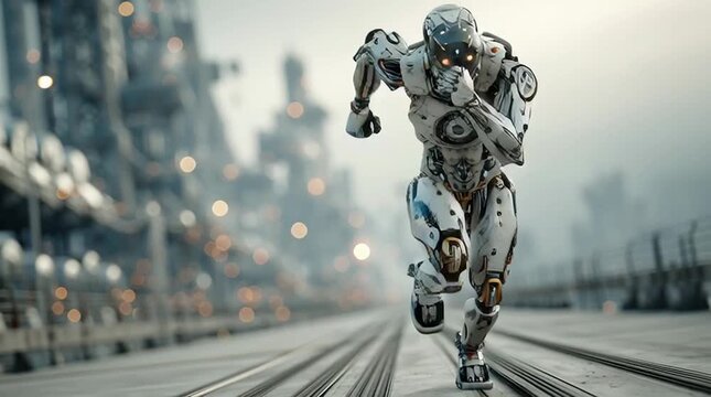 Futuristic Robot Sprinting on Urban Track in a Sci-Fi Landscape