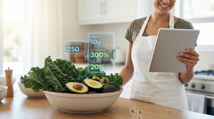 Woman using a digital tablet for recipe and tracking nutritional information like calories, fiber, vitamin k, and folate for healthy cooking with fresh vegetables