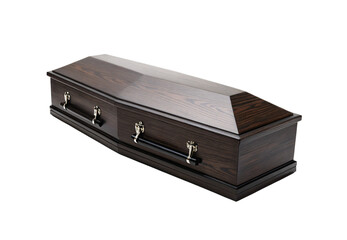 Dark wood casket with silver handles, isolated on a transparent background