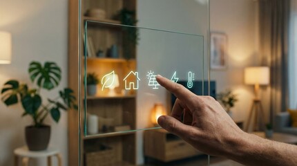 Hand tapping on a futuristic transparent interface displaying smart home automation icons, managing sustainable energy and climate control in a modern living room