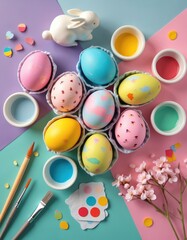 Fototapeta premium Easter eggs in pastel colors sit ready for decorating with paints, brushes. Spring flowers, bunny figure suggest festive family holiday activity. Creative craft supplies laid out for fun, hands-on