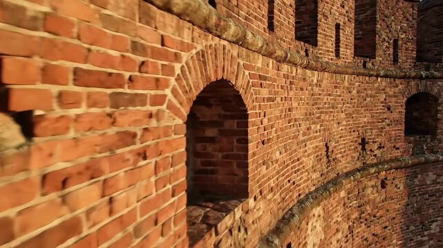 Ancient Brick Castle Wall with Crenellations and Arched Windows, Drone Flight