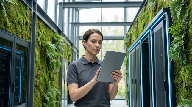 Woman technician uses a tablet to monitor servers in a modern sustainable data center with green moss walls, blending biophilic design and eco friendly it infrastructure - Powered by Adobe
