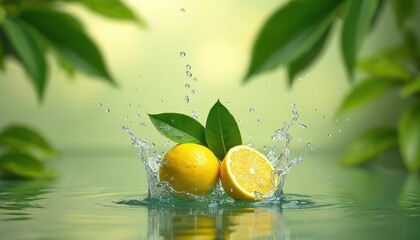 Obraz premium Whole and halved calamansi fruits splash into clear water surrounded by green leaves. This vibrant citrus display evokes freshness and healthy ingredients for natural drinks and food.