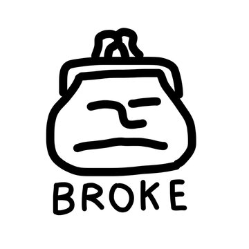 Funny hand drawn empty wallet with broke text icon