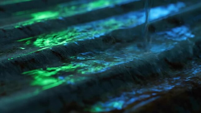 Rain drops falling on wet corrugated metal roof with green and blue lighting. Weather concept.