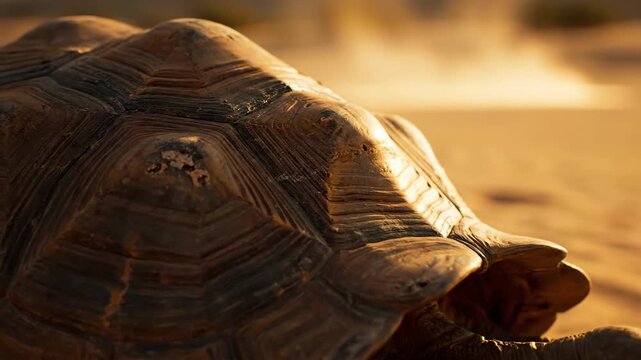 Close-up of a turtle shell in sandy desert environment with warm sunset lighting, textured reptile. Tortoise carapace in warm light.