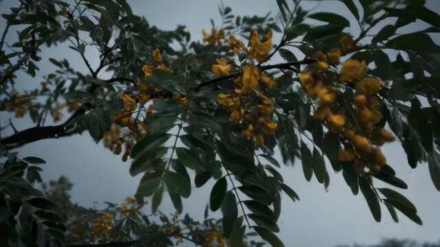 Branch of Laburnum Tree Moving Gently in the Gloomy Day