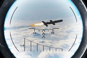 Fototapeta premium Military missile with jet trail captured by optical targeting system.