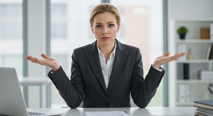 Confused businesswoman shrugging at office desk