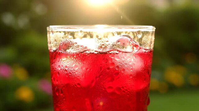 A condensation-covered glass of vibrant red iced beverage sits outdoors in golden hour light. A droplet falls into the refreshing drink, creating a slight splash against a sunny, blooming garden back