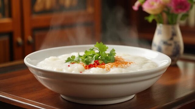 Delicious Rice Congee with Fresh Herbs and Spices, A Culinary Still Life Scene