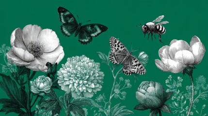 A collection of various flowers and insects on a green background. Includes peonies, marigolds, butterflies, and a bee.