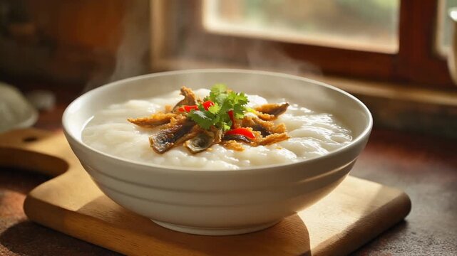 Delicious rice porridge or congee with savory toppings served in a warm setting