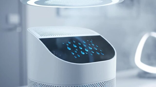 Modern white air purifier with a display in a bright room, enhancing air quality with technology. Clean air and device.