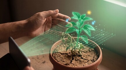 A person using a tablet to nurture a small plant with a digital growth overlay