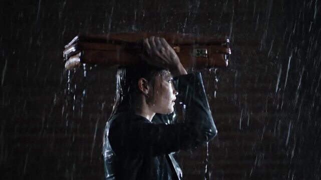 A woman in a dark business suit stands resolutely in a torrential downpour, using a brown briefcase held above her head as a meager shelter from the heavy rain and dramatic lighting.
