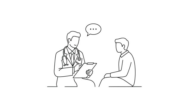 Simple line art illustration depicts a friendly doctor patiently taking notes on a clipboard while consulting with a seated patient about a medical issue or inquiry.