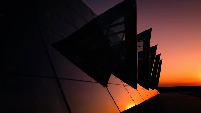 Modern architecture with triangular windows reflecting sunset and sky, architectural design. Building exterior, modern building.