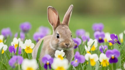 Fototapeta premium Cute fluffy rabbit peeking through colorful spring pansy flowers in meadow blooming garden portrait of small brown bunny in natural environment with purple yellow blossoms