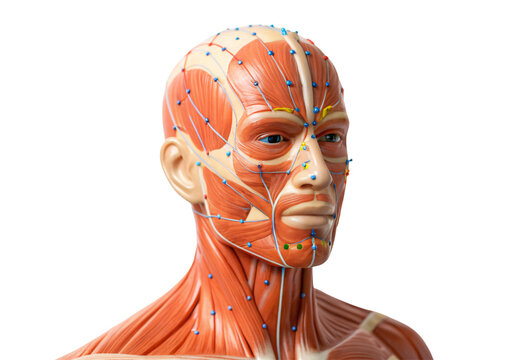 Anatomical head model showing facial muscles and acupuncture points diagram, isolated on a transparent background