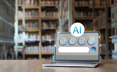 Laptop with AI search engine on screen for finding information in library revolutionizing education research and discovery artificial intelligence technology chatbot