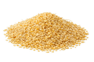 Pile of organic bulgur groats, a healthy raw cereal grain and essential nutrient for culinary preparations, transparent background