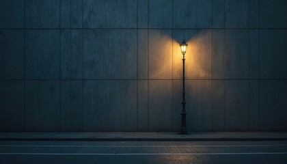 Vintage street lamp illuminates empty urban sidewalk at night. Concrete wall provides backdrop to solitary lamppost. Wet pavement reflects warm yellow light.